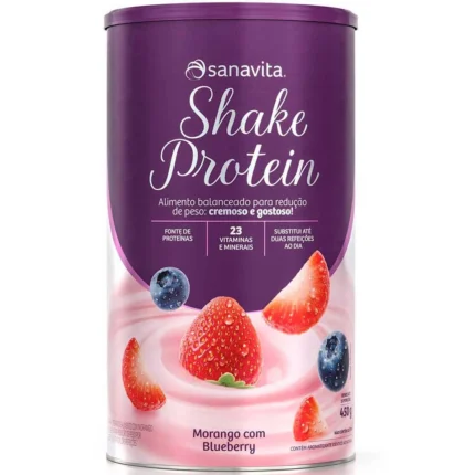 Shake Protein Fonte de Proteína + 23 Vitaminas e Minerais - (450g) - Sanavita Morango com Blueberry