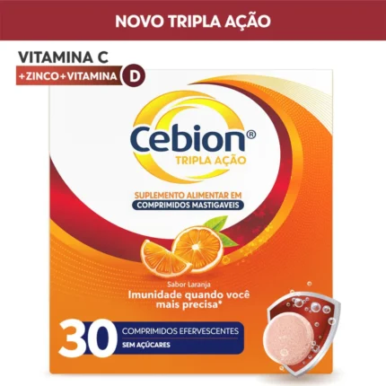 Vitamina C Efervescente Cebion Sabor Laranja Tripla Ação 30 comprimidos